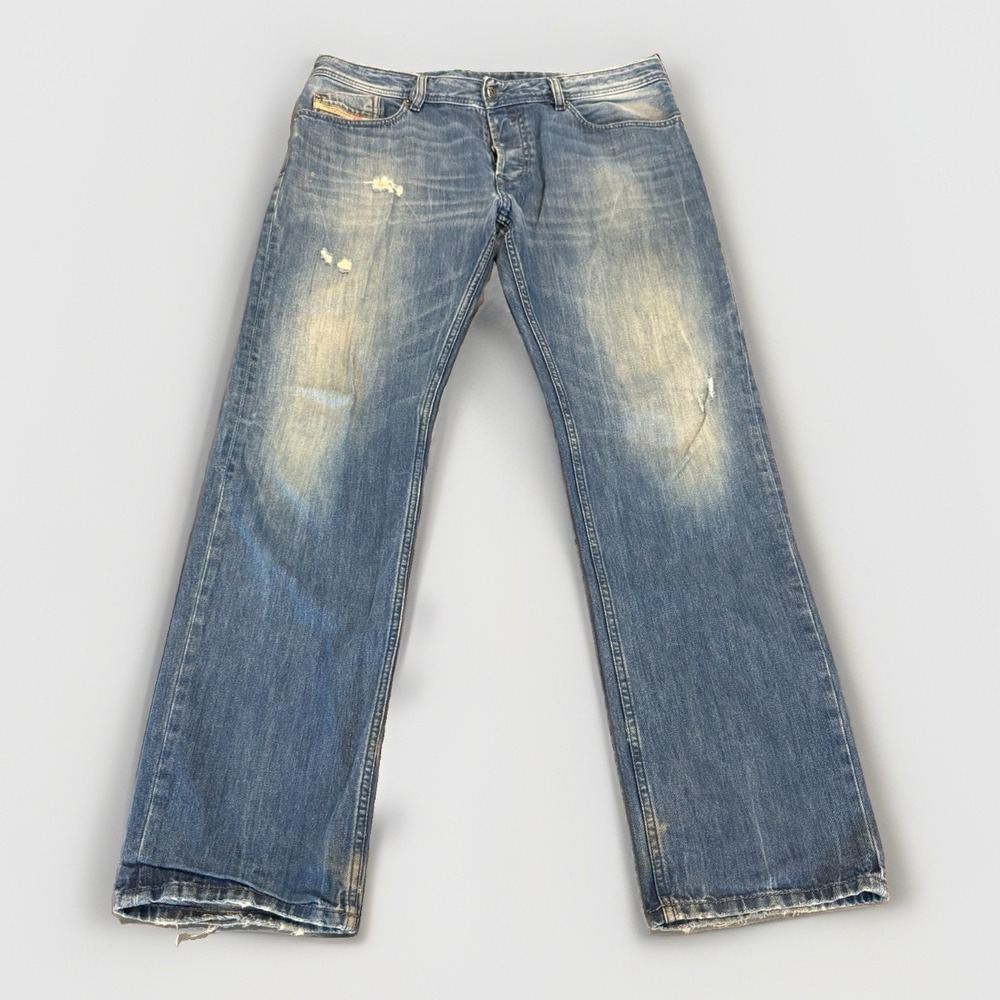 Diesel Waykee Jeans Men 33x32 Blue Straight Leg Distress Faded Button Fly